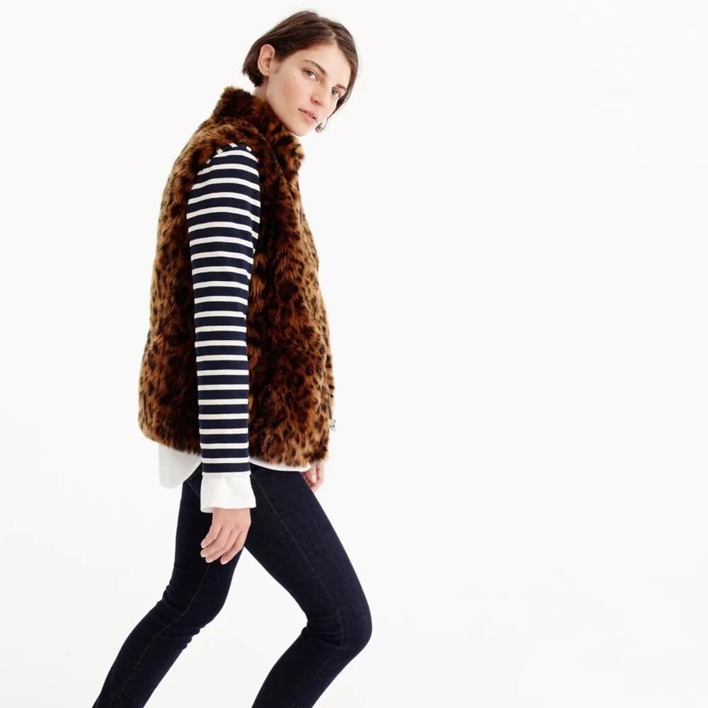 J. Crew Faux Fur Leopard Vest Full Zip Animal Print Brown G9519 Womens Size XS